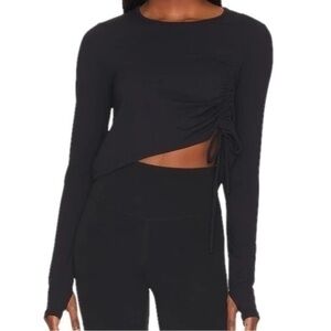 Koral Women’s Size L Black Zina Crepe Long Sleeve Side Drawstring Crop Shirt Top
